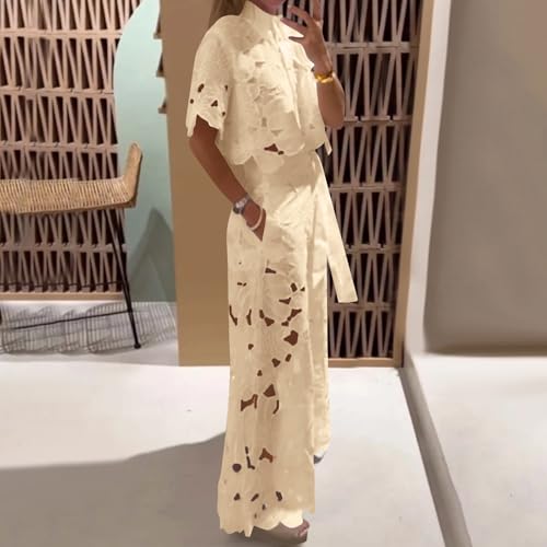 JOAU Yellow Women 2 Piece Outfits: Stylish Hollow Out Floral Lace Crop Shirt & Wide Leg Palazzo Pants Set - Image 7