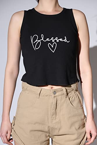 Image of OM SAI LATEST CREATION Crop Tops for Women || Ribbed Solid Chest Printed Crop Top for Girls || Text & Hart Print with Round Neck & Sleeveless Crop Top for Women || Tank Top.