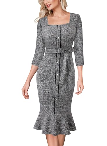 VFSHOW Womens Business Square Neck Button Belted Colorblock Patchwork Office Work Slim Sheath Mermaid Dress