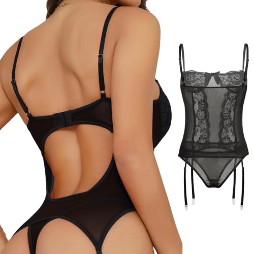 ROSVAJFY Damen Dessous Set Sexy Spitze Corsage Body Reizwäsche mit Höschen Strümpfe Teddy Unterwäsche Strapsen Bodysuit V-Ausschnitt Babydolls Lingerie – Bild 2