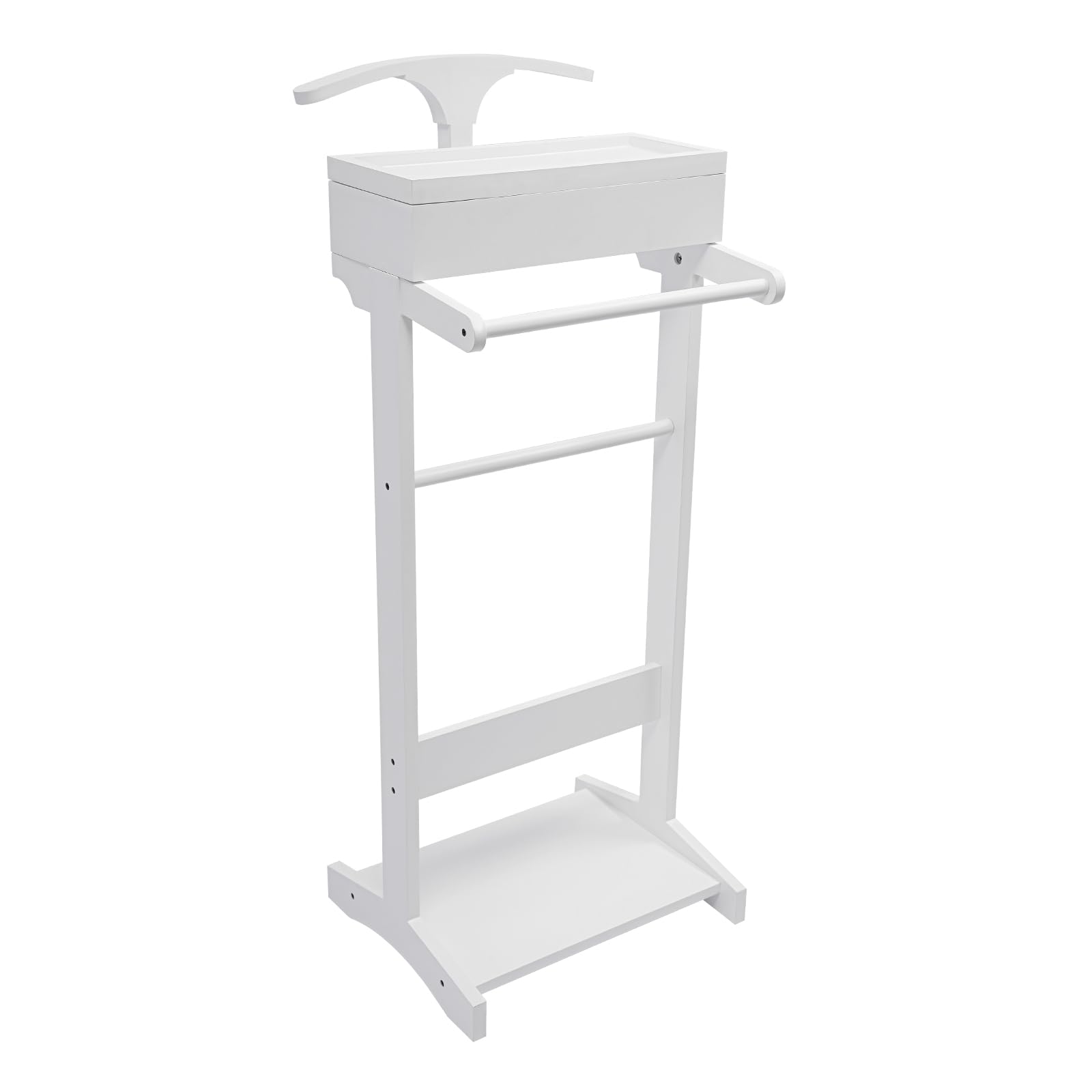 Valet Stand with Drawer and Top Tray, Wood Mens Suit Valet Stand with Wood Base, Freestanding Clothes Valet Stand with Hanger, Storage Organizer for Entryway Office Living Room (D, White)