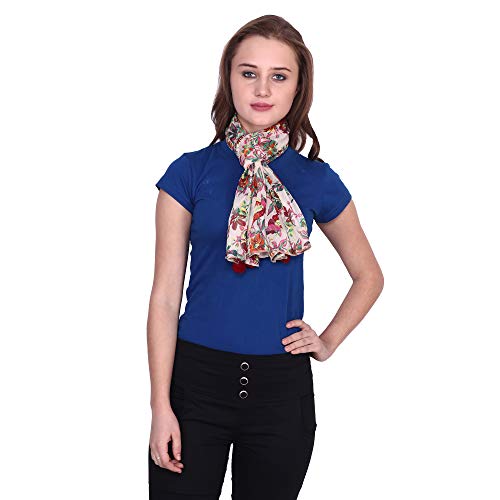 Image of POPWINGS Casual Yellow Printed Chiffon Scarf with pom-pom work
