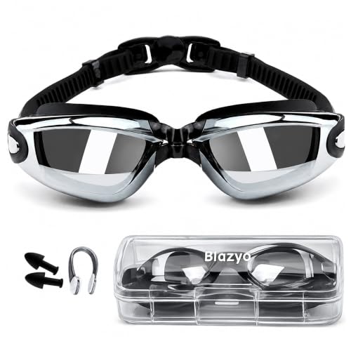 Image of Blazyo Swimming Goggles Pack of 1, Electroplated Anti Fog With Silicone Cushion Swim Goggles for Men Adults, UV Protection Crystal Clear Vision with Free Protection Case, Nose Clip and Earplugs