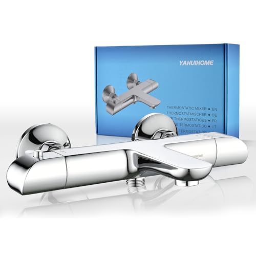YAHUIHOME Badewannenarmatur mit Thermostat Mischbatterie Dusche mit 2 Funktionen und 38 C Verbrühungsschutz Wandmontierte Edelstahl Aufputz Duscharmatur für Dusche und Badewanne Chrom