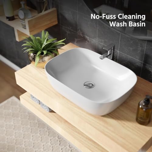 Image of OSOSAM Ceramic Glossy Rectangle Wash Basin for Bathroom | Premium Tabletop Countertop Vessel Sink for Vanity, Dining Area & Home | 46 x 33 x 16 cm