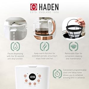 Haden Coffee Machine, 12 Cup Programmable Drip Coffee Maker with Auto Shut-Off Function and Reusable Washable Water Filter, Ivory & Copper Haden Coffee Machine 12 Cup Programmable Drip Coffee Maker with Auto Shut Off Function and Reusable Washable Water Filter Ivory Copper
