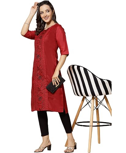 Image of Vinchic Women's Round Neck A-Line Cotton Embroidery Green Kurti (EmbBottle-91011-P)