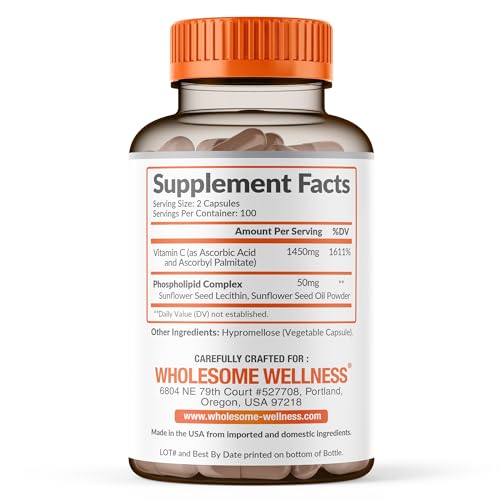 Wholesome Wellness Liposomal Vitamin C Capsules (200 Pills 1500mg Buffered) High Absorption, Immune System & Collagen Booster, High Dose Fat Soluble Immunity Support Ascorbic Acid, Natural Vegan