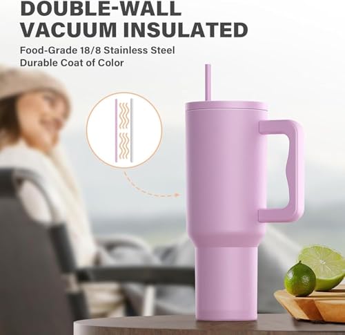 Image of WEZOSHINET 1200ml Stainless Steel Tumbler with Handle & Straw, Double Wall Vacuum Insulated Travel Mug with Spill Proof Lid, Reusable Sipper Cup for Hot & Cold Drinks (Purple)