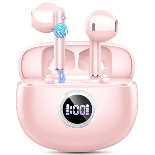 Auriculares Inalambricos Bluetooth, HiFi Estéreo Auriculares Bluetooth 5.3, 40H Cascos Inalambricos Bluetooth con 4 ENC Reducción de Ruido/Pantalla LED/USB-C/Control Táctil/IP7 Auriculares, Rosa