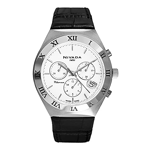 Nivada Swiss Millionaire Reloj para Hombre Carátula Blanca con Indicadores Índices y Cronógrafo con Tres Esferas Fechador a las Cuatro Correa de Piel Genuina Color Negro Caja 40MM