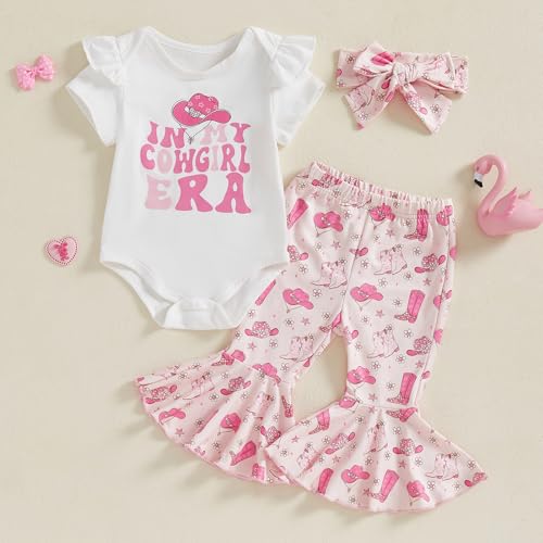 Western Baby Girl Summer Clothes In My Cowgirl Era Romper Bell Bottom Flare Pants Set 3Pcs Infant Cowgirl Outfits2