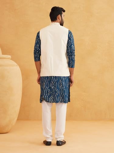 Image of SOJANYA (Since 1958 Men's Pure Cotton Teal Blue Kurta and White Pyjama with Beige Embroidery Nehru Jacket