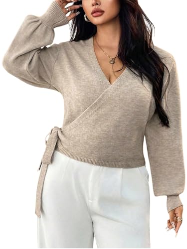 Verdusa Women's Plus Size Wrap Tie Knot Cardigan Lantern Long Sleeve Knitted Sweater Khaki 3X-Large Plus