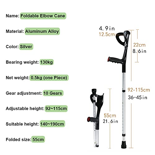 Muletas de antebrazo plegables para altura 140-190 cm Muletas ergonómicas para adultos Pies de goma antideslizantes 10 paradas Muletas multifunción ajustables en altura