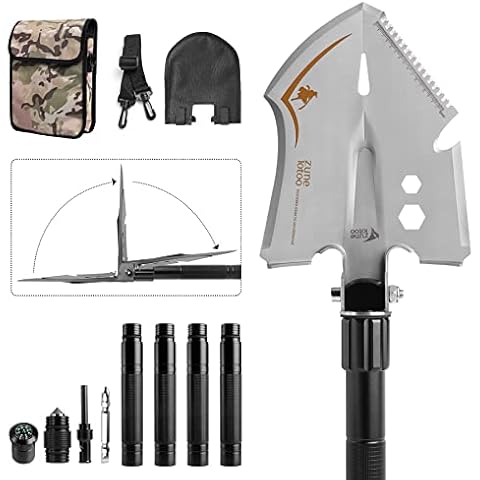 Zune Lotoo Tactical Camping Shovel Folding Multitool, 18 in 1 Portable Foldable Survival Spade Compact Entrenching Tool for Hiking Backpack Emergency Car Truck Gardening Gift Survivalist Cover