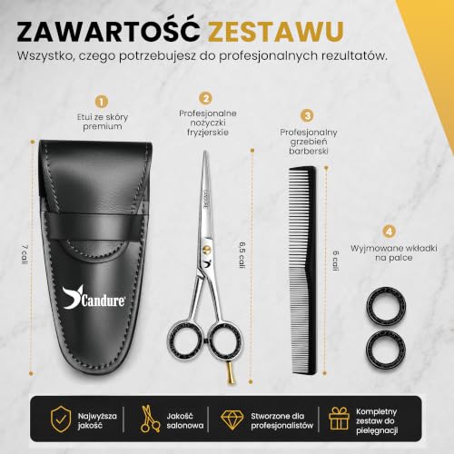 Candure Nożyczki fryzjerskie do profesjonalnych salonów fryzjerskich, nożyczki do strzyżenia włosów, bardzo ostre i precyzyjne cięcie, dla mężczyzn, kobiet i dorosłych (polerowane srebro, 6,5'')