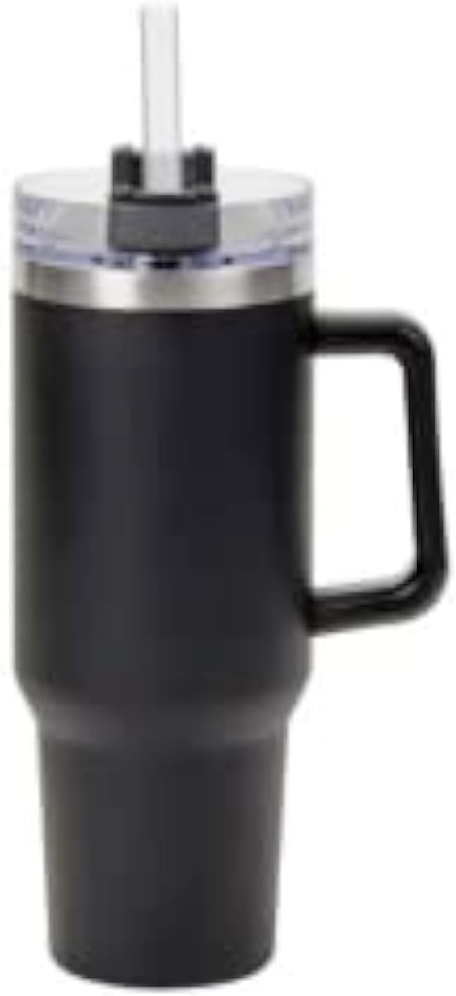 Pen Kit Mall - 40oz Insulated Tumbler Mug with Handle for Water, Coffee, Cold and Hot Drinks | Double Wall Stainless Steel Design, Wide Straw, Adjustable Lid | Easy to Clean, BPA Free (Black)