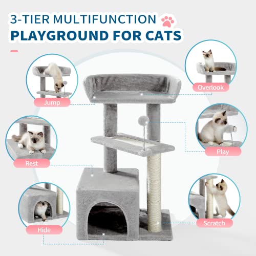 Made4Pets Cat Tree, Carpet Cat Tower Grey For Indoors Cats, Cute Wood Kitty Condo With Scratching Post And Pad, 27" Multi-Level Modern Activity Climbing Furniture For Small And Medium Cats #TOP1