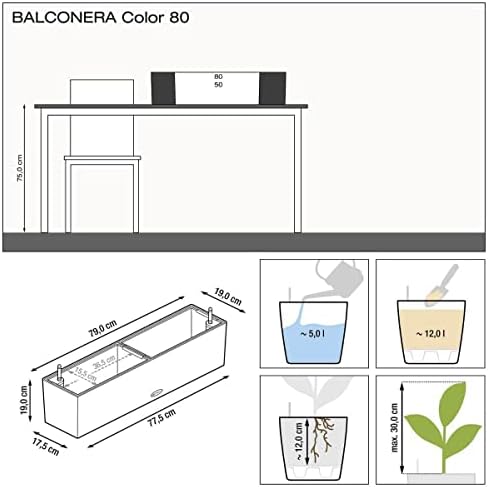 Lechuza Set of 2 BALCONERA Color 80 Self Watering Planter Indoor/Outdoor Flower Plant Pot Table and Window Box with Drainage Hole and Plant Substrate Poly-Resin H19 L80 W19 cm Slate