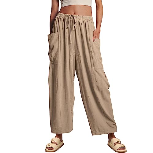 Women Wide Leg Linen Pants Summer Casual Drawstring High Waisted Palazzo Harem Pants with Pockets