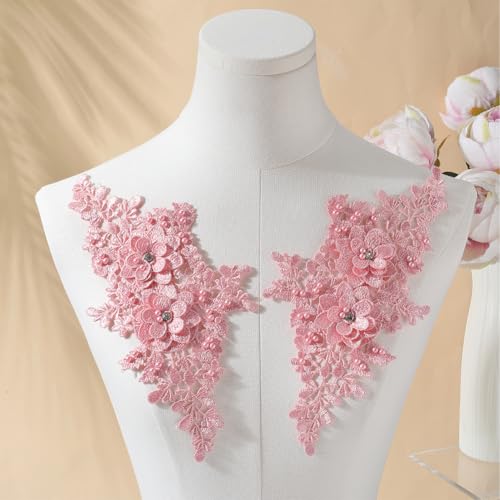 CABODYALS 2 works 4Pcs Pink Floral Embroidery Applique Beaded 3D Flower Rhinestone Appliques Polyester Lace Pearl Crystal Sew on Patches for Sewing Making Clothes Wedding Gowns Accessories - Image 4