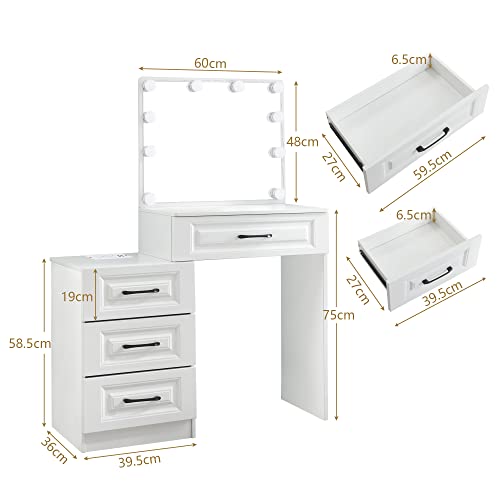 Xinhonglei Vanity Dressing Table With 10 Led Bulbs & Lighted Mirror, Modern Makeup Vanity Desk With Charging Station, White Makeup Table With Stool & Drawers, Women Girls Bedroom Dresser Desk #TOP6