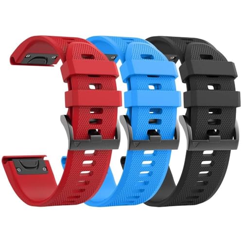RORFFK 3Pcs for Garmin Fenix 5 Watch Band/Fenix 6 Watch Band/Fenix 7 Band 22mm Soft Silicone Bands Compatible With Garmin S62 Watch Bands/Fenix 5 PLUS Band(Black Blue Red)