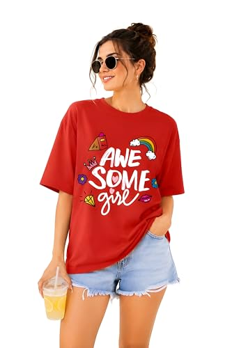 Image of Amazon Brand - Anarva Women Oversized Graphic Printed T Shirt 100% Cotton Drop Shoulder Loose Fit Baggy Casual Tshirt for Girls