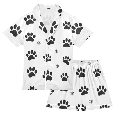 ALAZA Snowflake Paw Print White Satin Pajamas Set Short Sleeve Button Down Sleepwear Summer Pjs 2 Piece