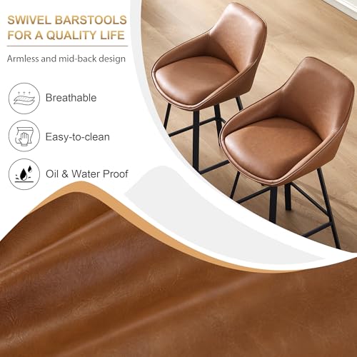 Image of Zesthouse Swivel Counter Height Stools Set of 2, Modern Upholstered Barstools with Backs, 26'' Faux Leather High Chairs for Island Kitchen, Counter Height Chairs with Metal Legs, Brownish-Orange