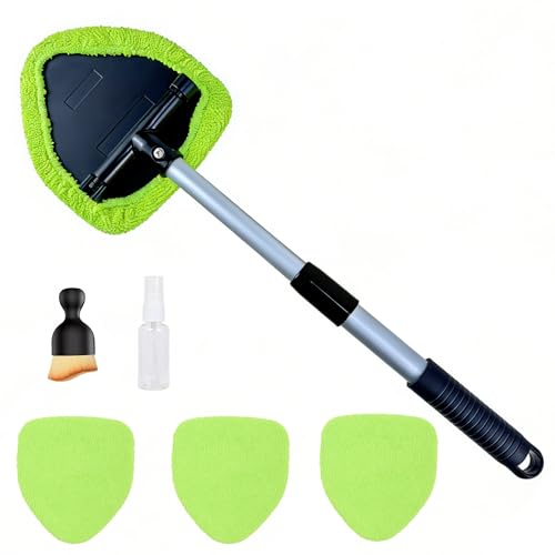 GIRLOOKA Microfiber Car Windshield Cleaning Tool with Extendable Handle Car Defogging Glass Cleaning Brush with 4 Reusable Microfiber Pads 1 Spray Bottle and 1 Car Dust Removal Brush. (Green)