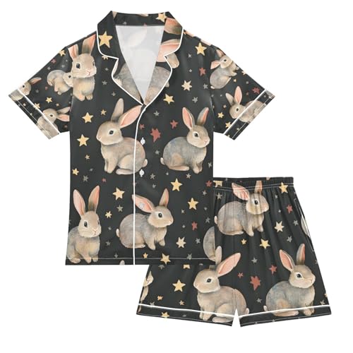 senya Rabbit Star Black Satin Summer Pajama Sets Silk Short Sleeve Button Down Sleepwear