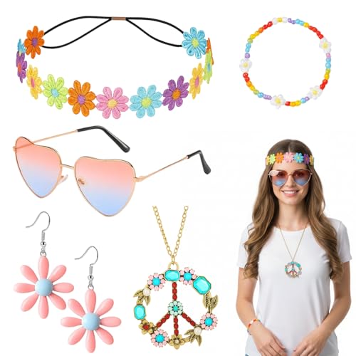 DvBCNMe Hippie Kleidung Damen, 5 Stück 70er Jahre Outfit Damen Set, Flower Power Accessoires wie Peace Zeichen Halskette, Gänseblümchen Stirnband,...