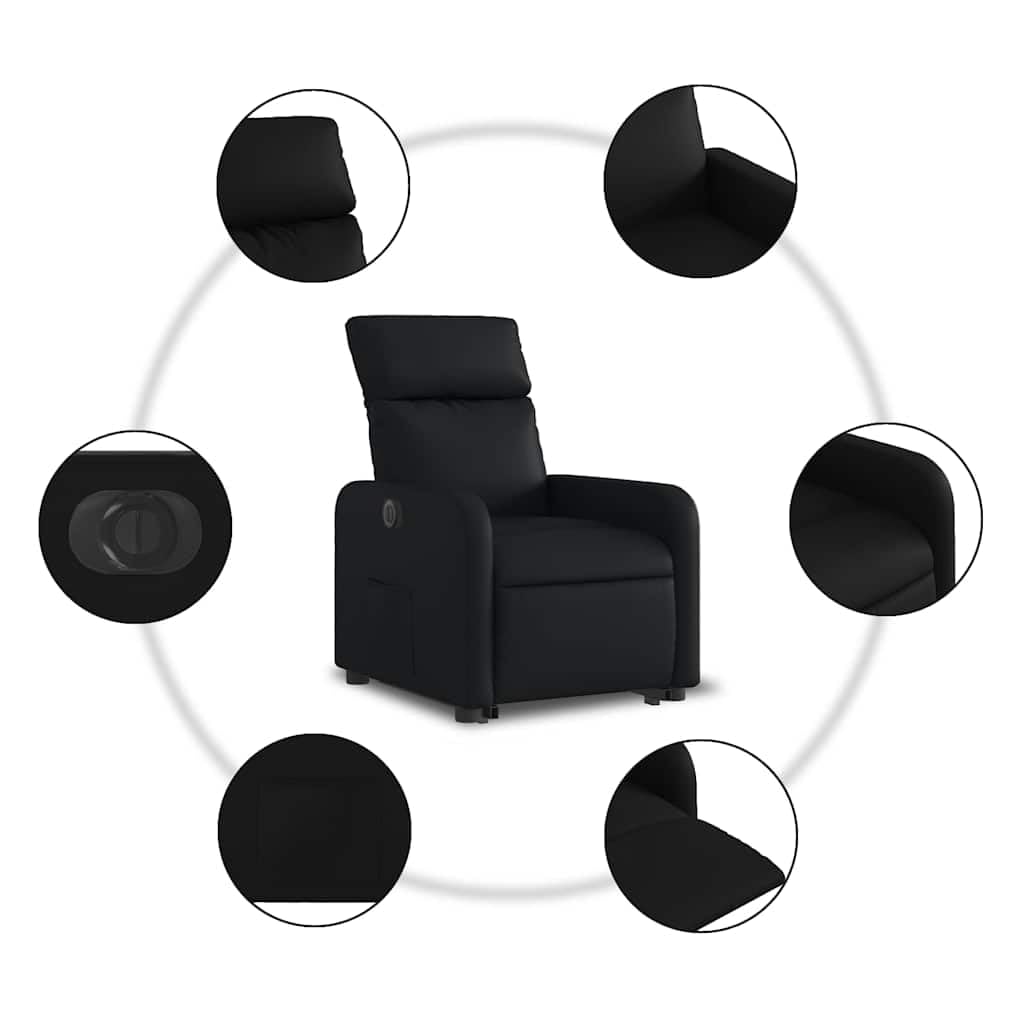 Sillón elevador reclinable eléctrico de piel sintética negra con función de elevación e inclinación automática a 135 grados, estructura estable de madera y metal, bolsillo