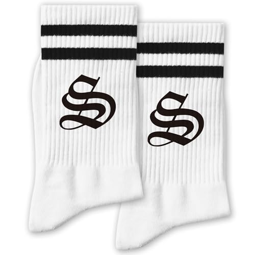 FUQWZ White and Black Striped Socks with Gothic Letter S - Cool Alphabet Novelty Crew Sock for Men & Women - Halloween Socks Gift for Gothic Lovers, Family & Friends. (284)