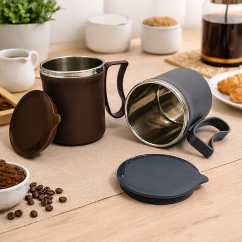 Image of Insulated Stainless Steel Coffee Mug with Lid, 300ml, Double Wall, Reusable Travel Mug for Home & Office (Brown - Gray)