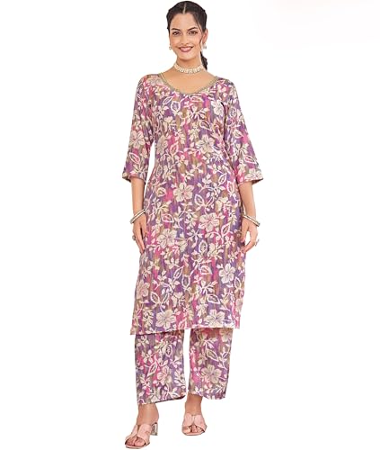 Image of London Hills Women Printed Kurta with Pant Salwar Suit Set || Plazo Kurti Cotton Set