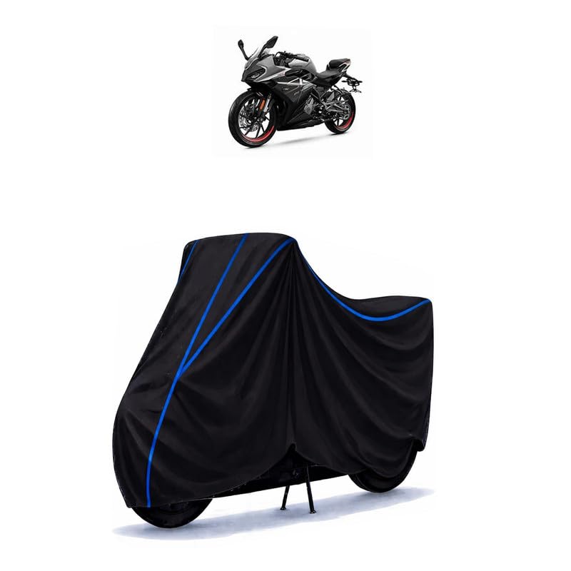 Image of CFMoto 300 SR Bike Cover Water Resistant Universal Motorcycle Rain | Heavy Duty UV Protection, Dust, Scratch Indoor Outdoor All Weather with Black Blue Piping Elastic