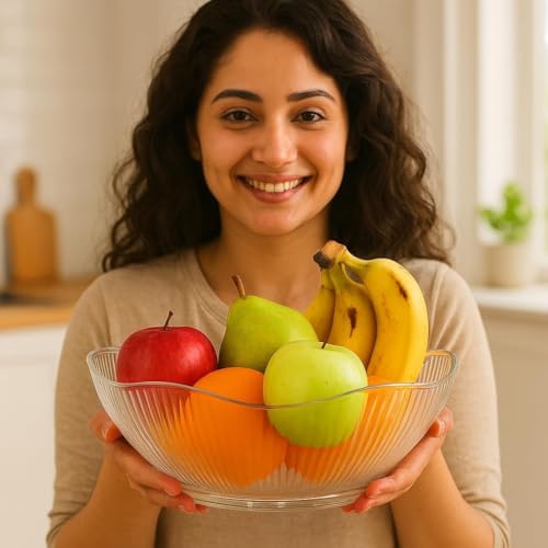 Image of BUNTYCHIKU Fruit Storage Basket for Dining Table - Acrylic Transparent Ribbed Wavy Edge Serving Bowl for Salad, Fruits & Snacks, Multipurpose Heavy Fruit Baskets for Home Kitchen & Restaurant [ 1PCS ]