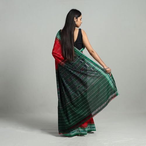Image of ODISHAHANDLOOM Sambalpuri Pure Cotton Handloom Saree, Traditional Ikat Pattern, Red and Green, Without Blouse