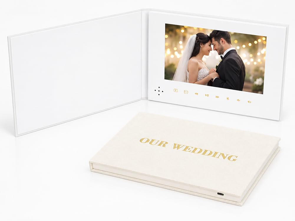 Our Wedding - Goldfolie | Luxuriöses Hochzeits-Videobuch aus Leinen, 17,8 cm (7 Zoll) IPS-Display, 4 GB Speicher, wiederaufladbarer Akku, bis zu 3 Stunden HD-Videospeicher, Hochzeitsandenken