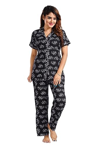 Image of Women's Cotton Heart Printed Night Suit Set of Shirt and Pyjama