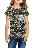 Girls Camo Shirt Kids Camouflage Stars Stripe T Shirt Summer School Tees Short Sleeve Sport Tops with Pocket