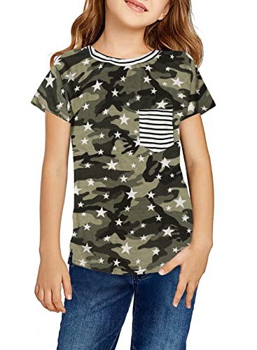Girls Camo Shirt Kids Camouflage Stars Stripe T Shirt Summer School Tees Short Sleeve Sport Tops with Pocket