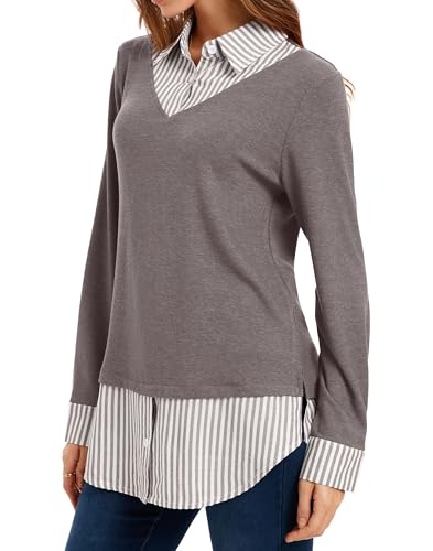 Image of Oyamiki Women's Casual Collared Curved Hem 2 in 1 Pullover Tops Plaid Contrast Shirt Blouse