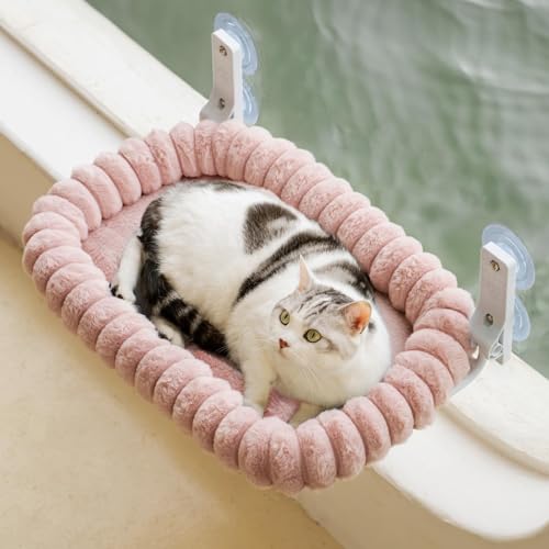 Katzen Fensterliege Hängematte Weich mit Abnehmbarem Wendebezug - Katzen Hängematte Fenster mit Stabiles Stahlgestell Halt bis 18kg (Rosa, M)