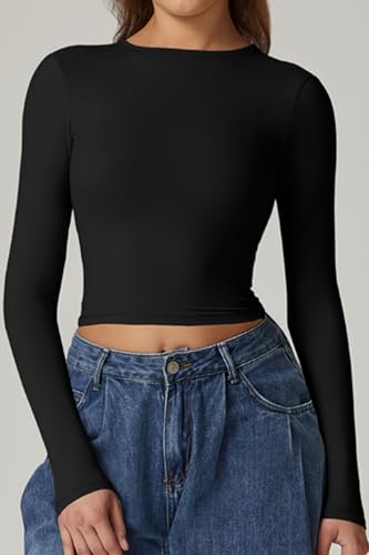 QINSEN Women's Crew Neck Open Back Long Sleeve Basic Crop Tops Stretch Backless Going Out Tee Shirt2