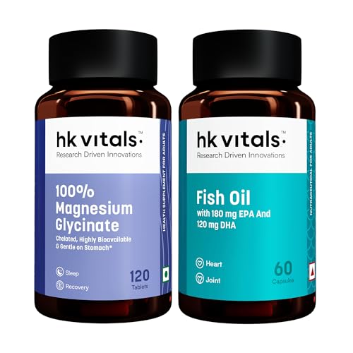 Image of hk vitals 100% Magnesium Glycinate (1880mg) 120 Tablets | For Better Sleep Quality & Muscle Recovery with Fish Oil (60 Capsules)