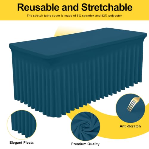 Image of Smiry Spandex Elastic Fitted Table Cloth Skirt for 8FT Rectangle Table | Stretch Washable Table Cloth, Banquet Table Cover for Wedding, Party, Indoor & Trade Shows, (Peacock Blue, 96Lx30Wx30H)